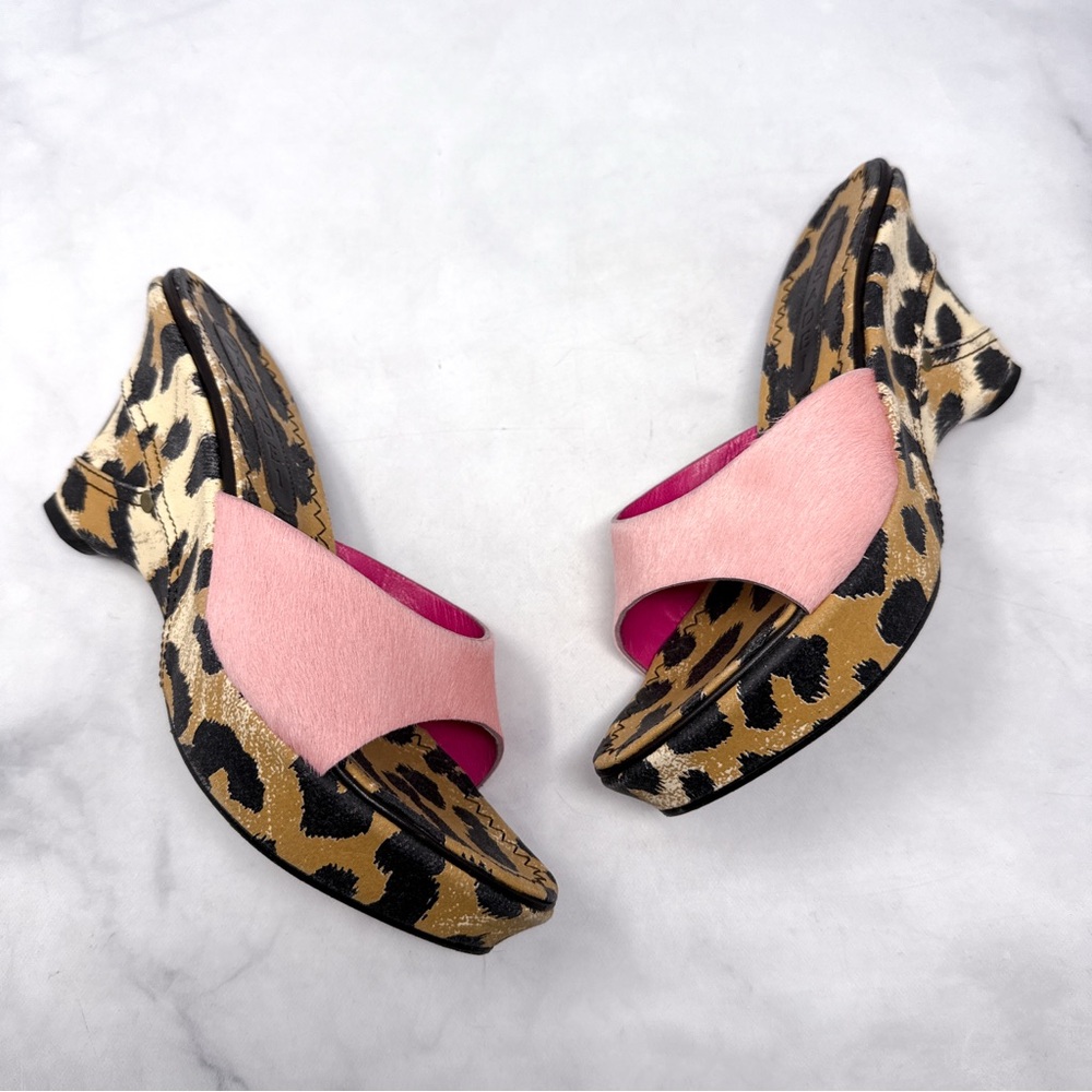 CASADEI Pink Calf Hair Leopard Print Denim Jean Mule Platform Wedge Sandals 6.5 - Picture 2 of 15